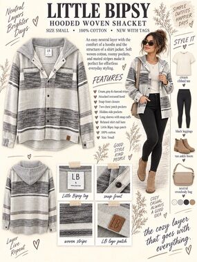 Little Bipsy Hooded Woven Shacket - Cream & Gray Stripes